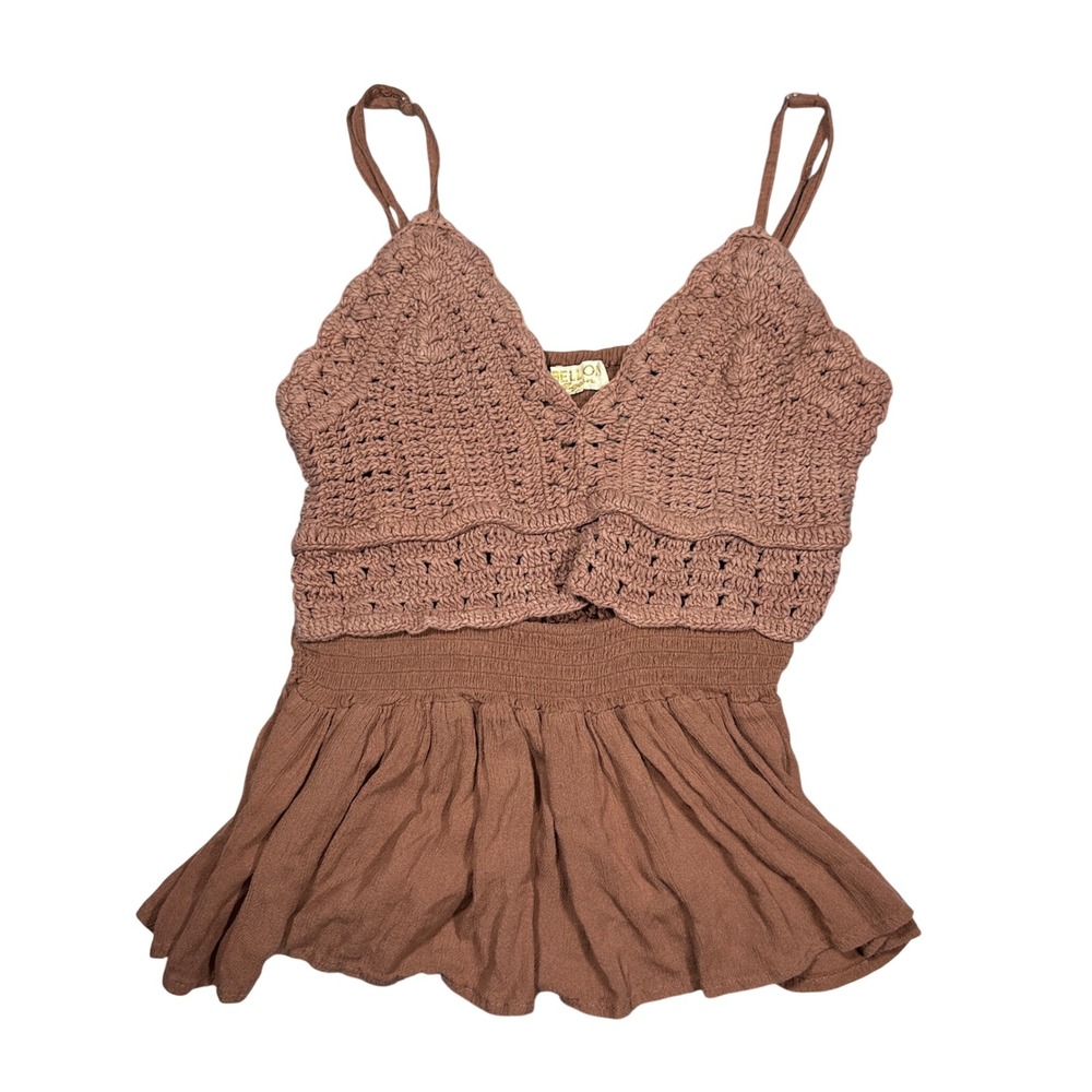 Rebellion Again Women Small Brown Crochet Peplum Cami Top Boho Smocked Back